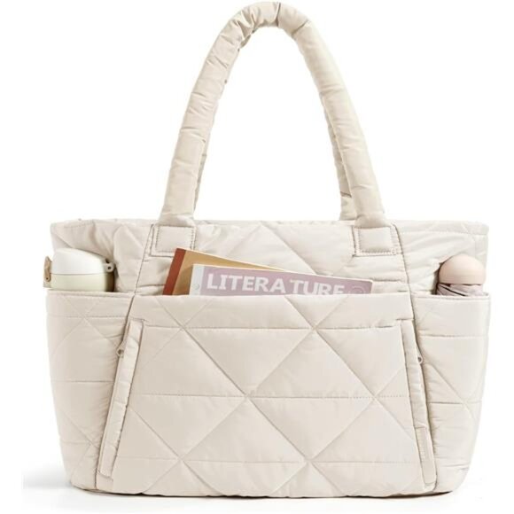 Tote Bag, Puffy Tote Bag with Zipper, Cream - Picture 1 of 4